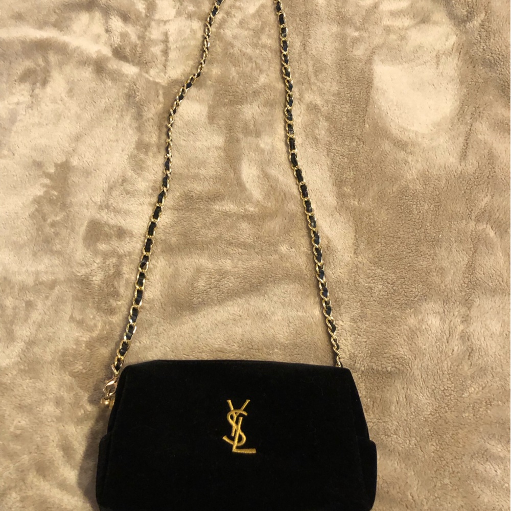 YSL black velvet makeup bag turned into a cross body or regular purse